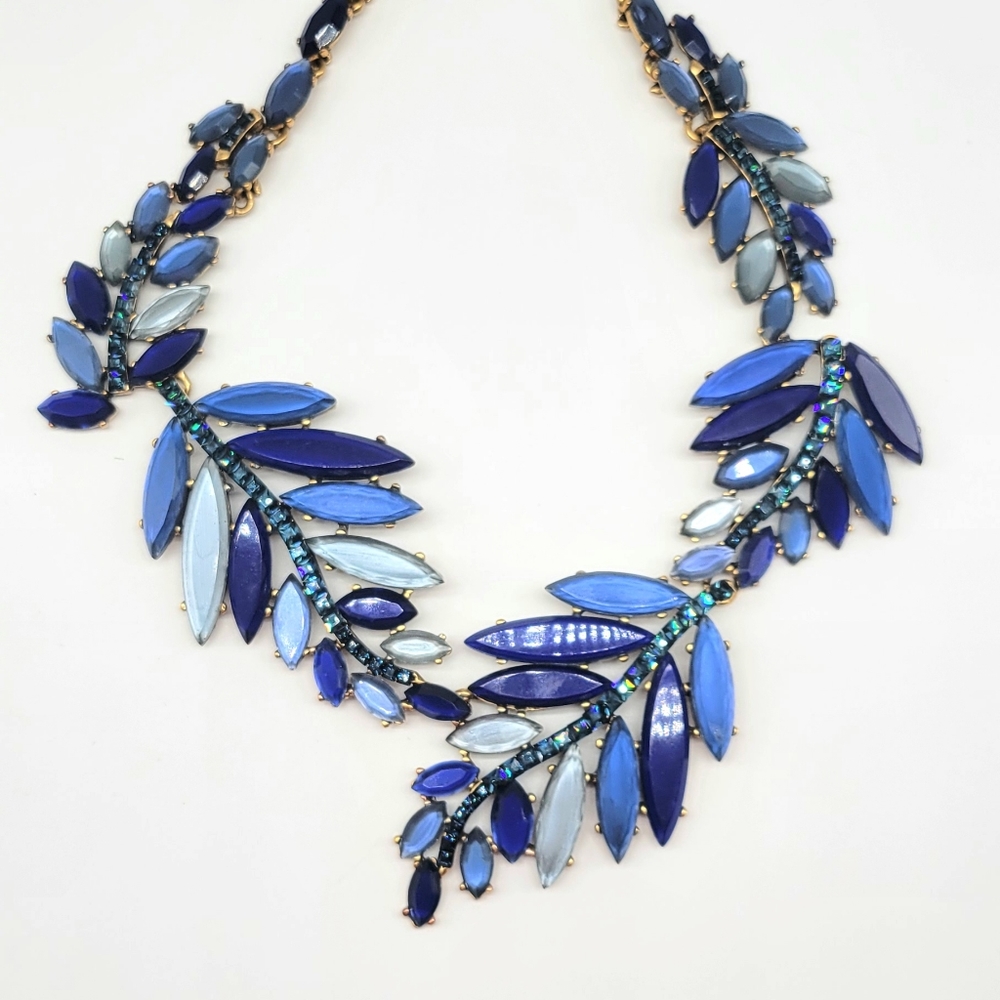Oscar de la Renta Blue Swarovski Crystal + Glass Leaf Statement Necklace Gold